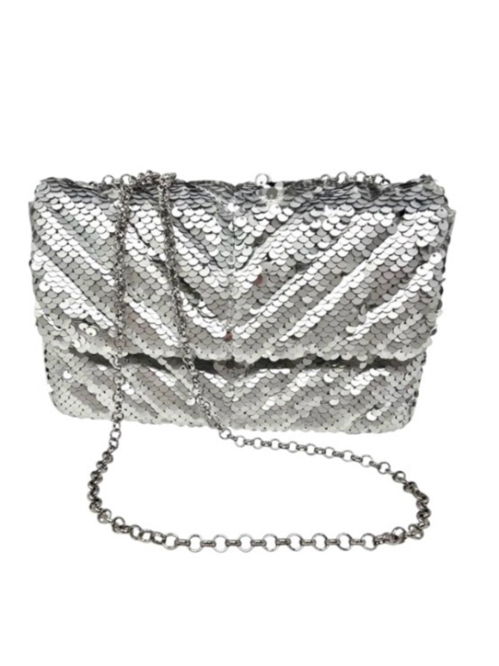 Nicole Miller Silver bag sequin shoulder hand clutch silver tone metal strap